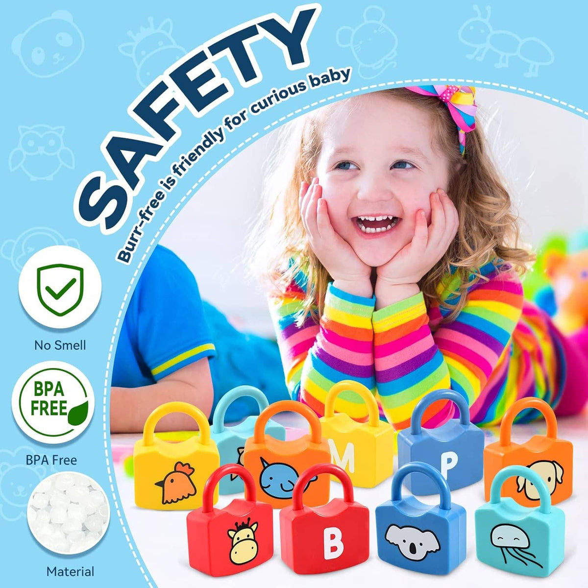 Colorful alphabet padlocks with animal faces and letter tags