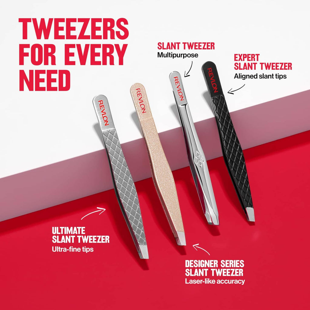 Revlon slant tweezers collection with angled tips, including ultra-fine and expert options
