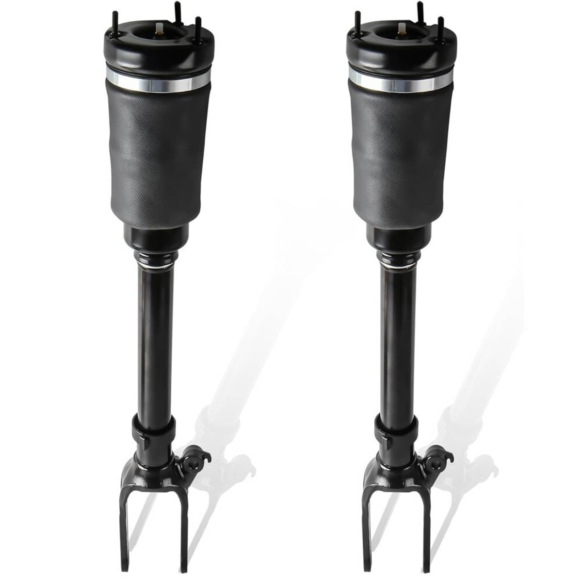 Pair of front air suspension struts, black shock bodies with top rubber air caps