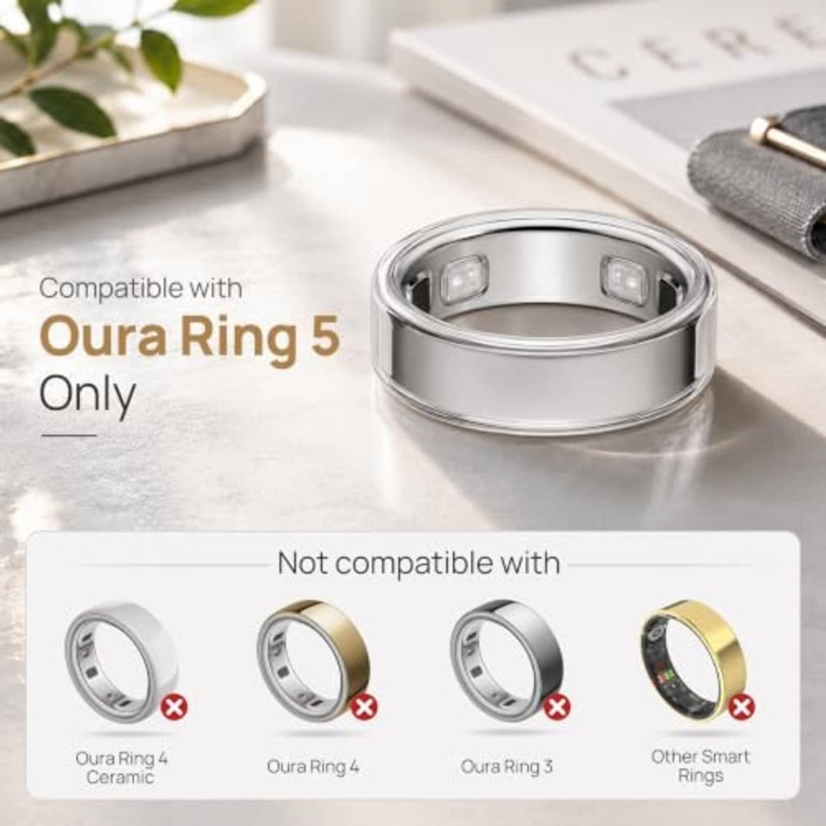 Clear cover for Oura Ring 5 on ring with charging base, compatibility shown by icons