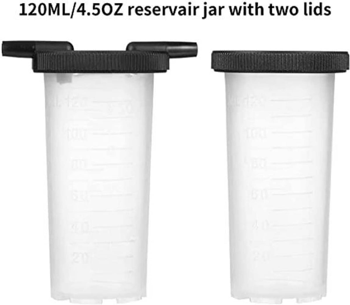 Transparent brake bleeding reservoir jars with black measuring lids, 120 mL each