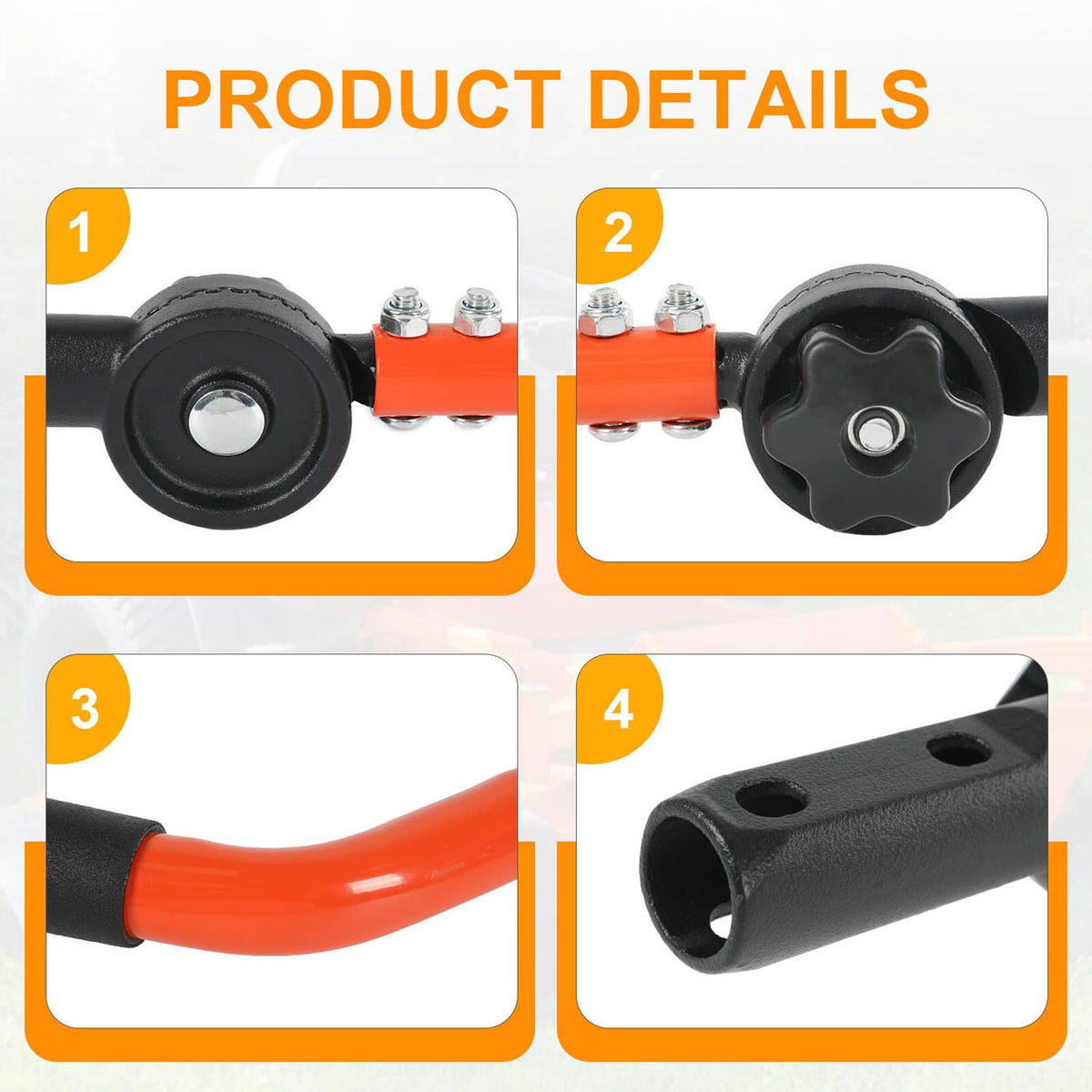 Close-up steering arm kit details: black pivot knobs and orange arm tubing