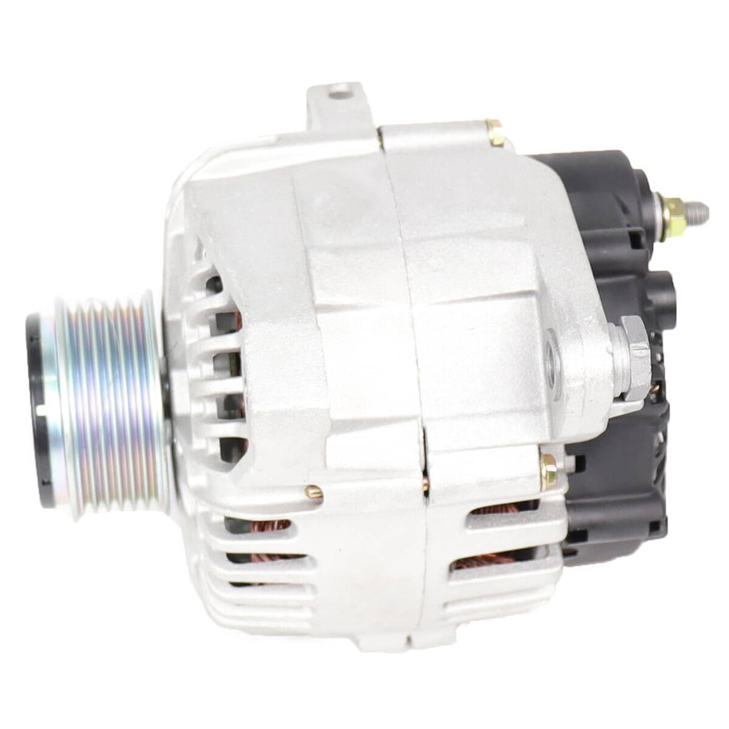 Automotive alternator with metal housing and pulley, front three-quarter view