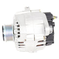 Automotive alternator with metal housing and pulley, front three-quarter view