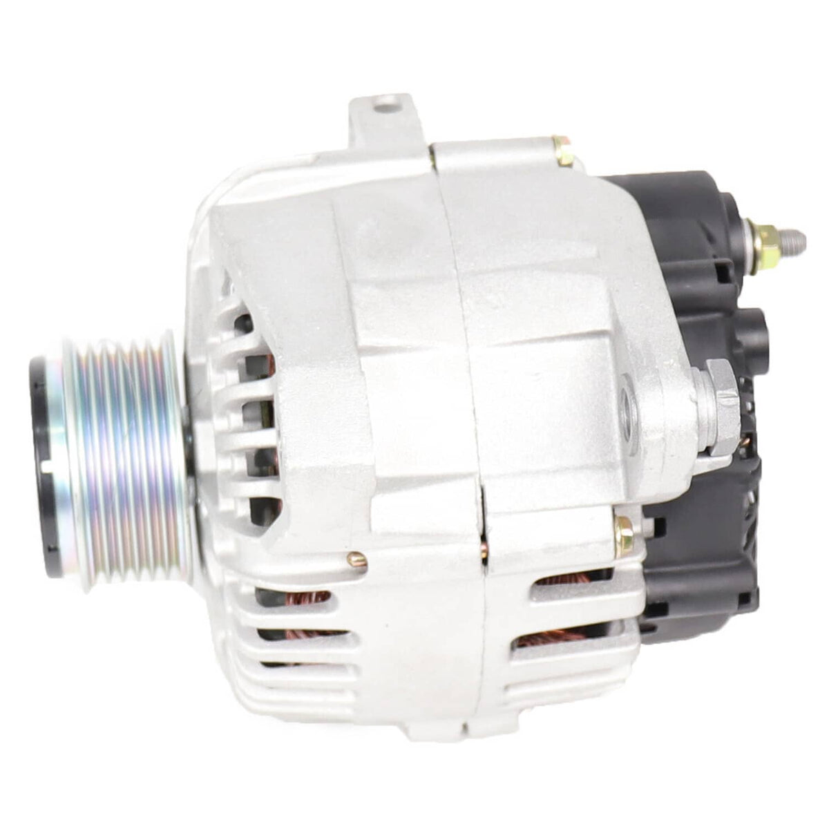 Automotive alternator with metal housing and pulley, front three-quarter view