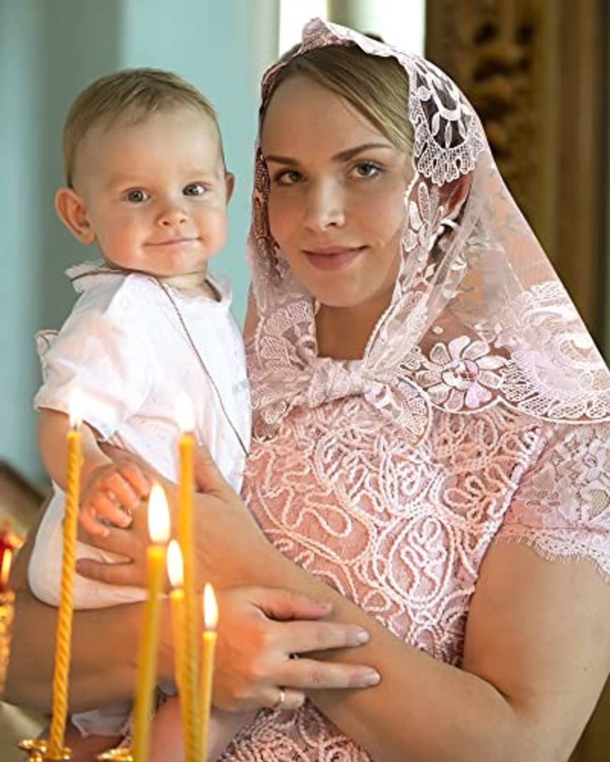 Light pink lace triangular veil with embroidered floral motifs and scalloped hem