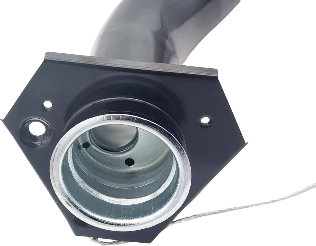 Round fuel filler opening flange with attached hose and mounting plate