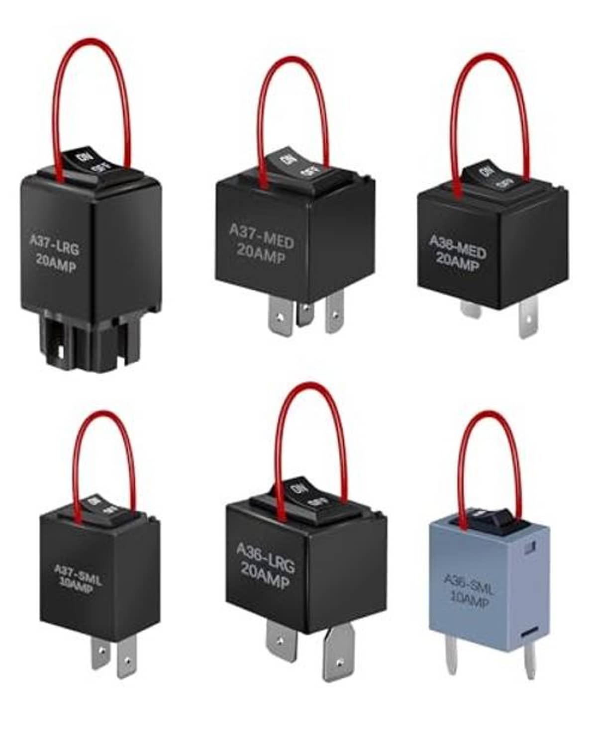 Black relay bypass switch kit with red wire leads and two-pin plug connectors, six units