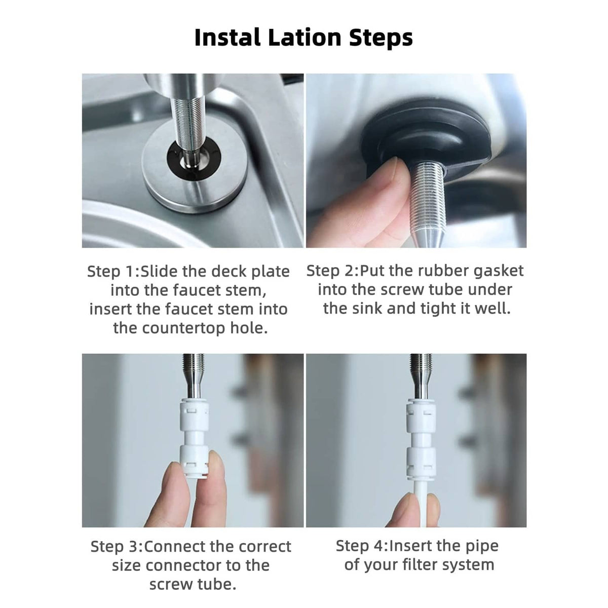 Water filter faucet installation steps showing deck plate and threaded mounting