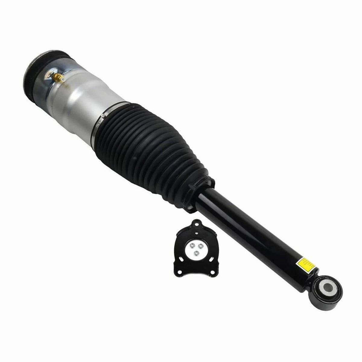 Angle view of rear air suspension shock strut with black bellows and mounting bracket