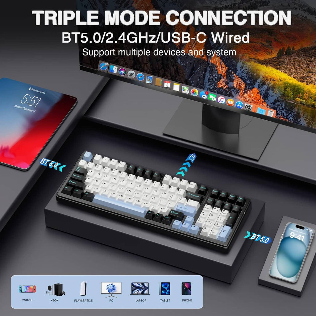 AULA F99 wireless mechanical keyboard shown at a diagonal angle with white and light blue keys