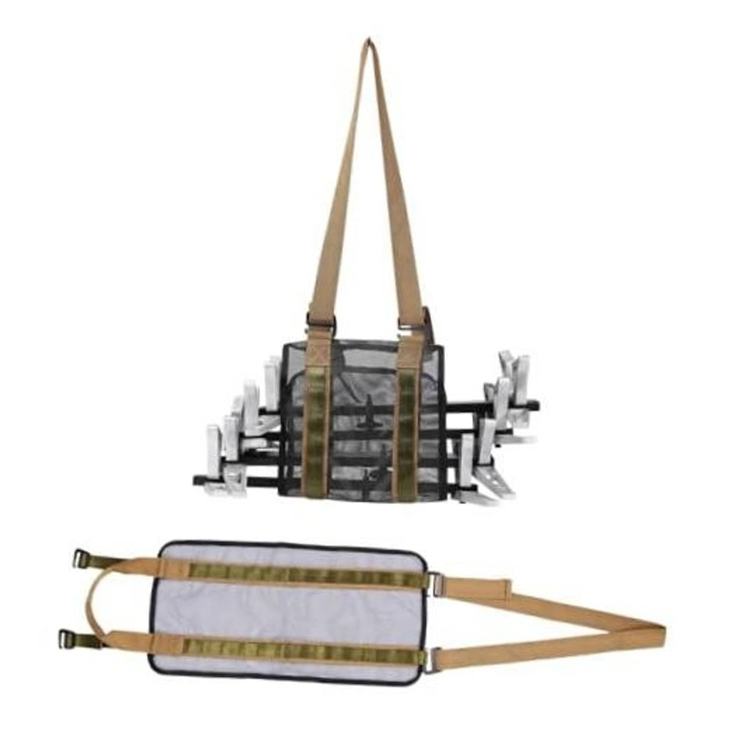 Adjustable tree steps carrying strap with padded gray and olive harness, two shoulder loops