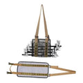 Adjustable tree steps carrying strap with padded gray and olive harness, two shoulder loops