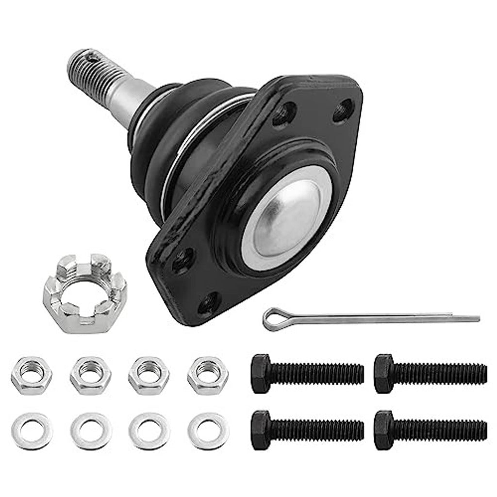 Front upper ball joint with black flange plate, threaded stud, nut, and hardware bolts.