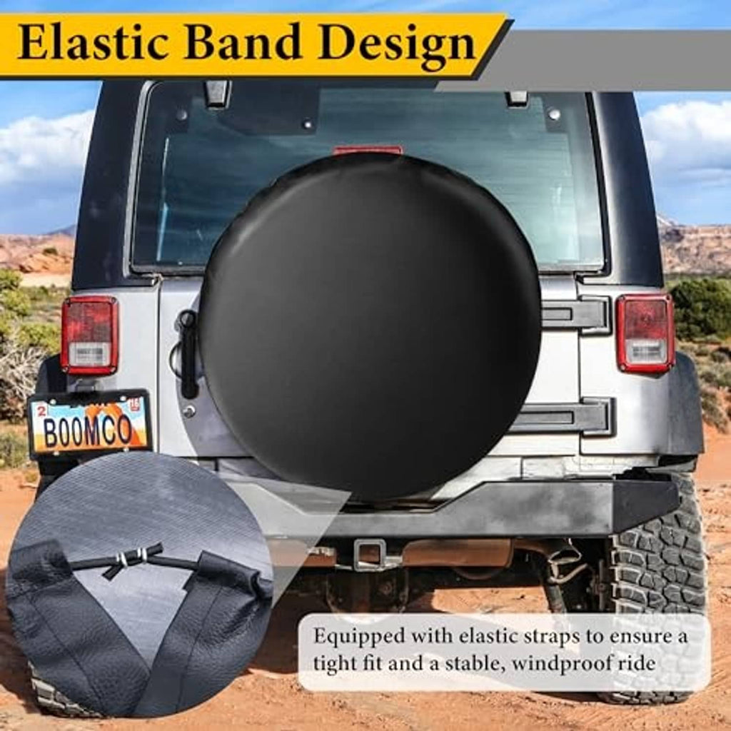 Black spare tire cover with elastic straps for a tight, windproof fit.