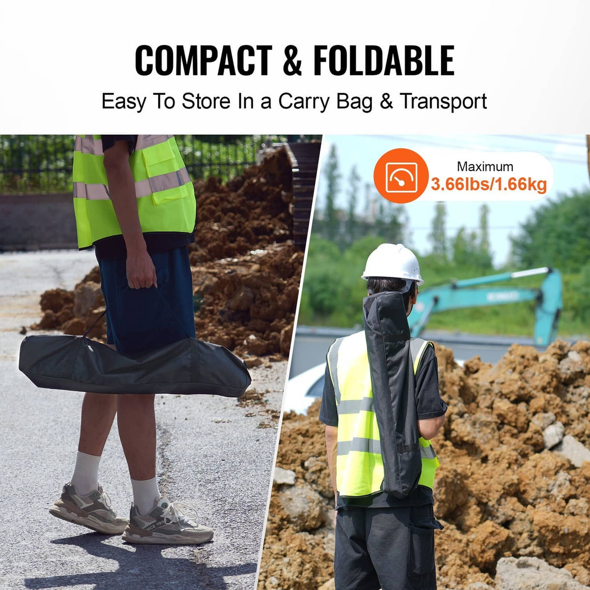 Laser level tripod with black carry bag used for compact transport and storage
