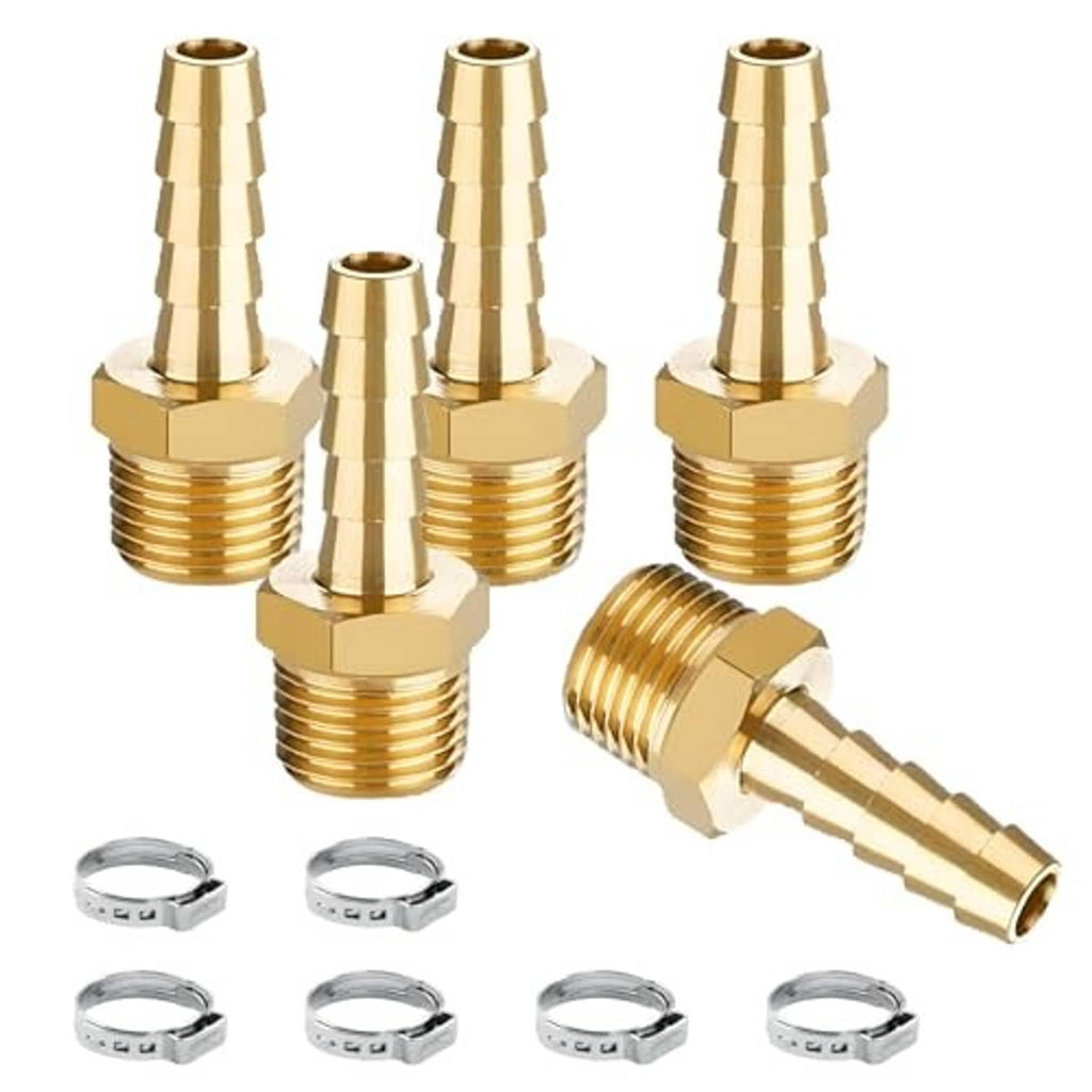 Brass hose barb fittings with 1/2" NPT male threads, 1/4" barb ends, clamp rings