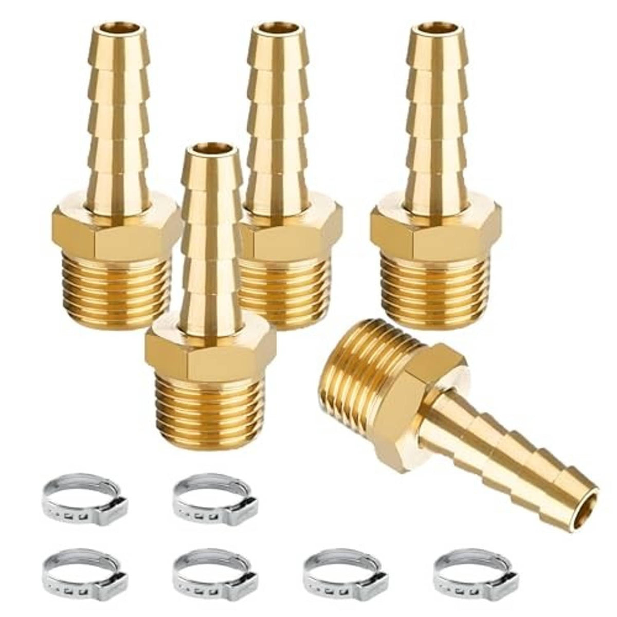 Brass hose barb fittings with 1/2" NPT male threads, 1/4" barb ends, clamp rings