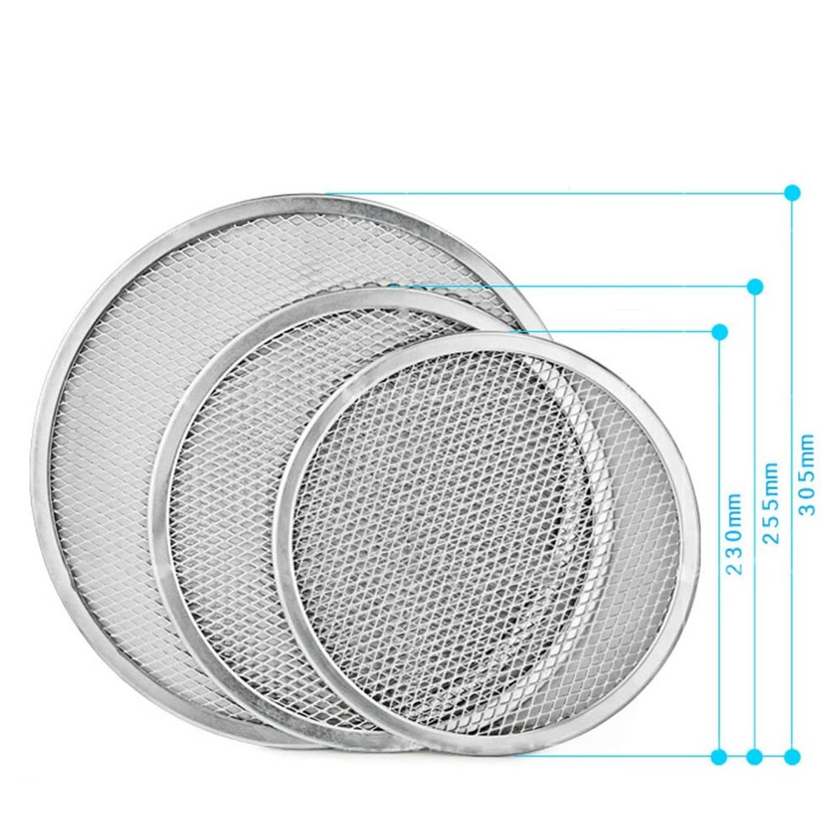 Three nested aluminum pizza pans with textured mesh and size guide, 12-inch.