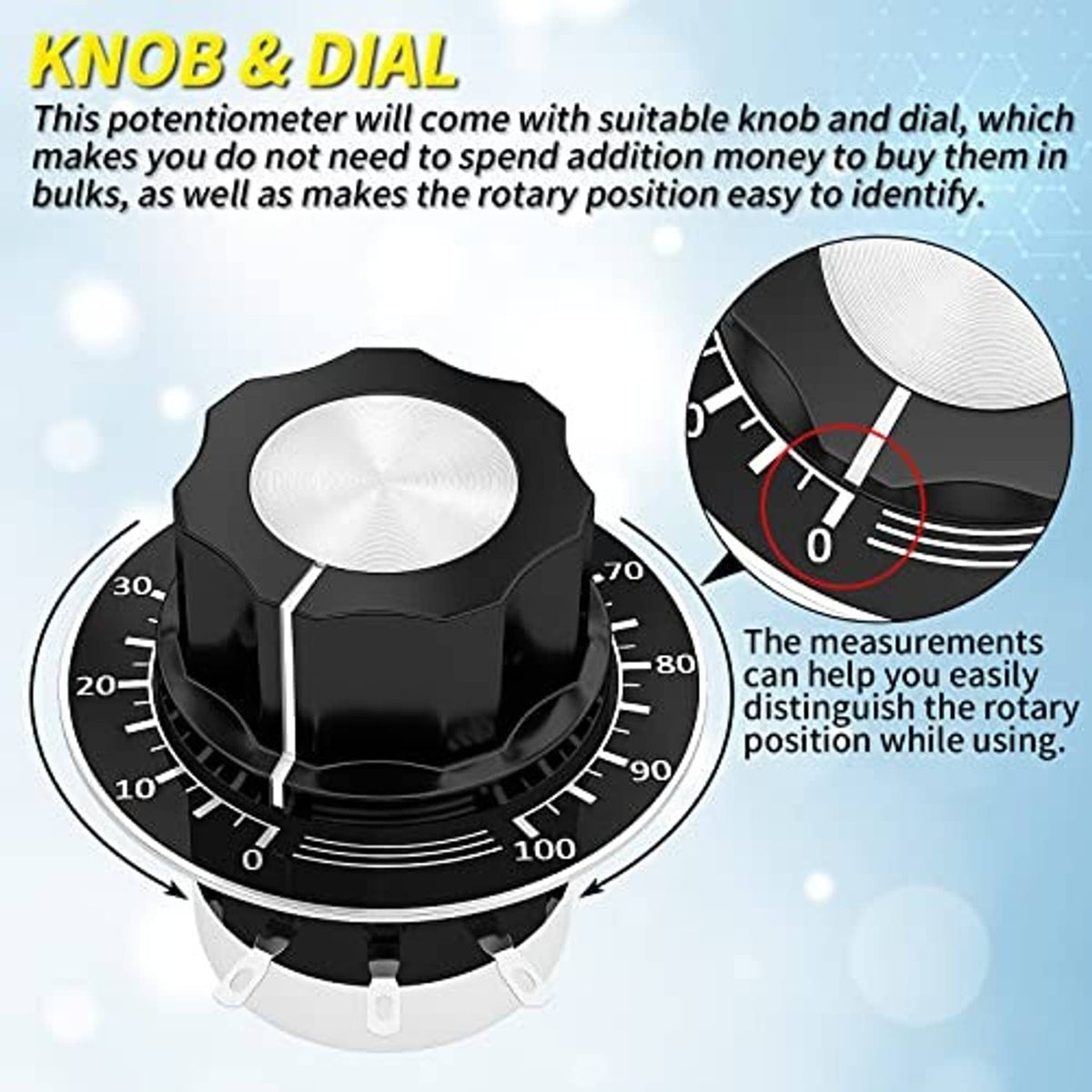 Rotary potentiometer with textured white top knob and black dial face with indicator marks