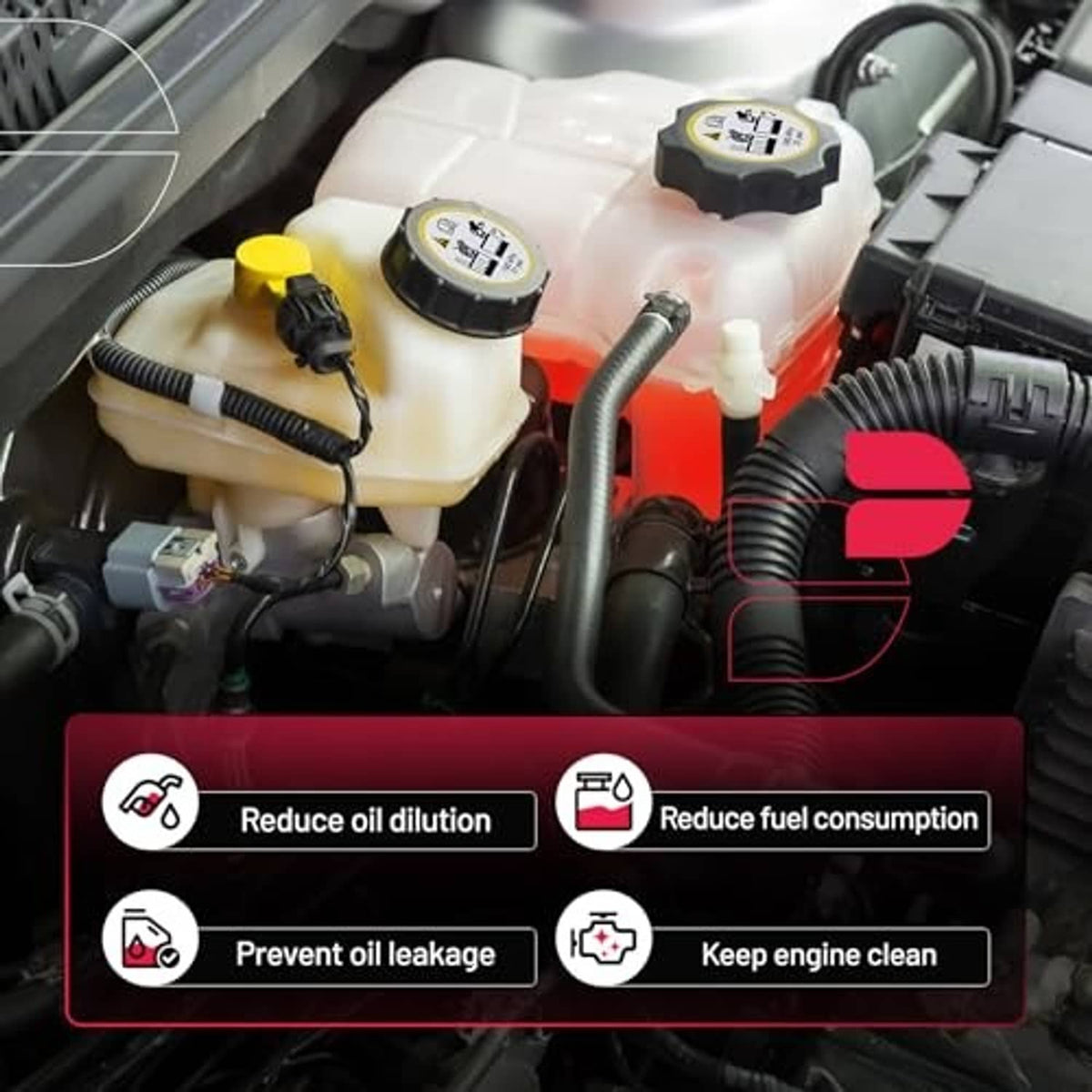 Engine bay coolant expansion reservoir with blue cap and molded plastic tank