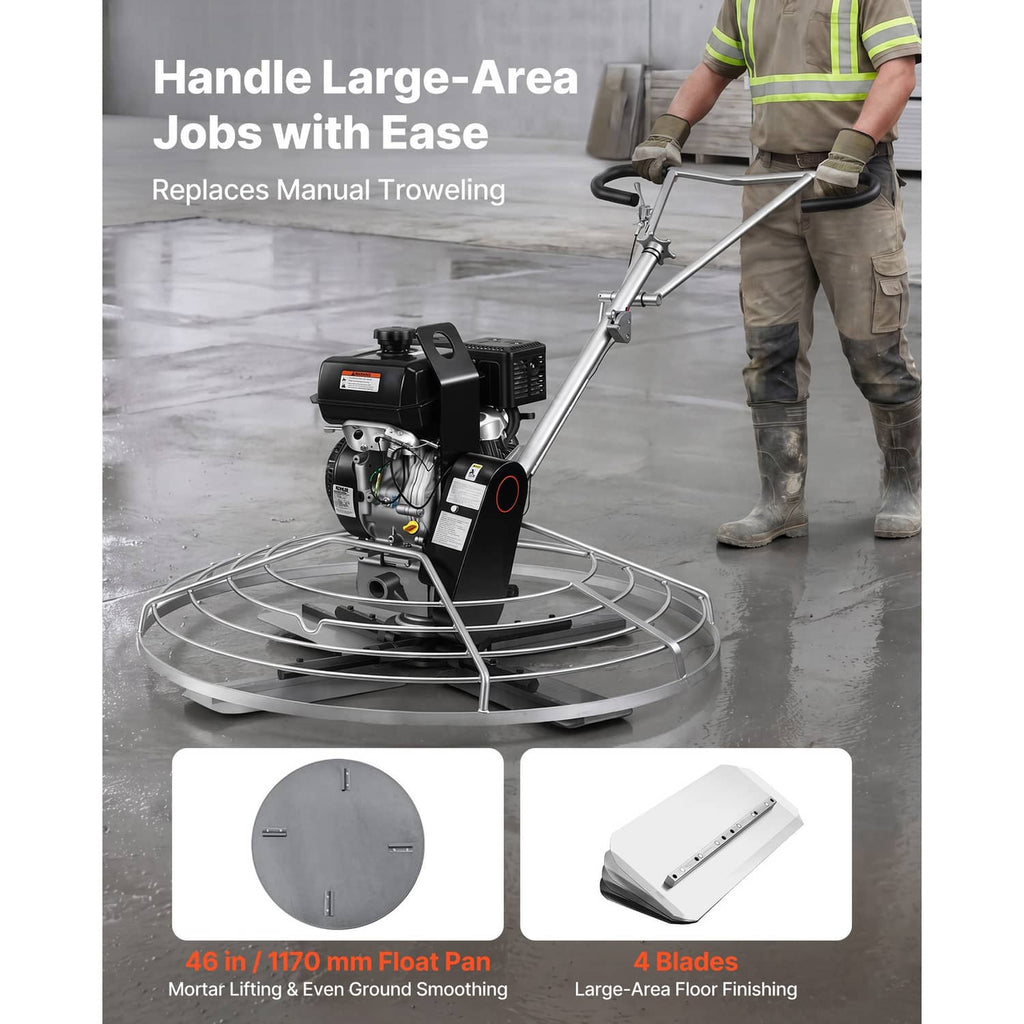 Gas concrete power trowel with long handle and round float pan for finishing concrete