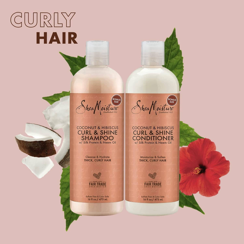Coconut & Hibiscus curl and shine shampoo and conditioner set, front label bottles