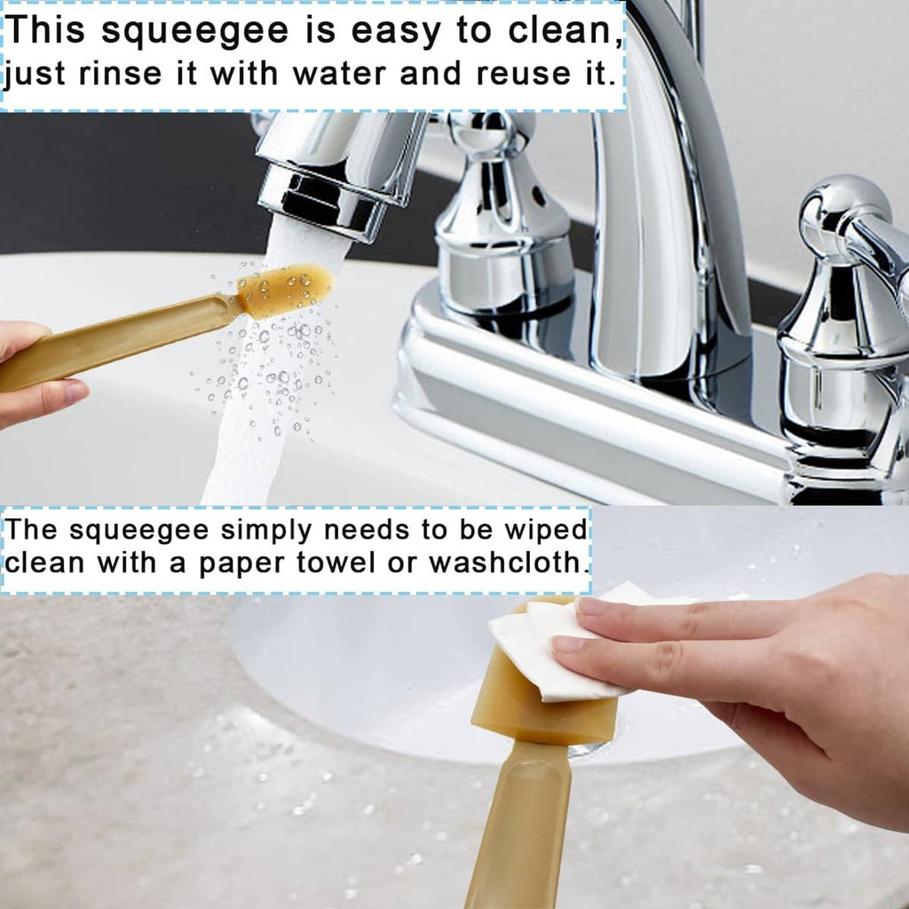 Yellow rubber caulking spatula being cleaned, with rounded squeegee edge