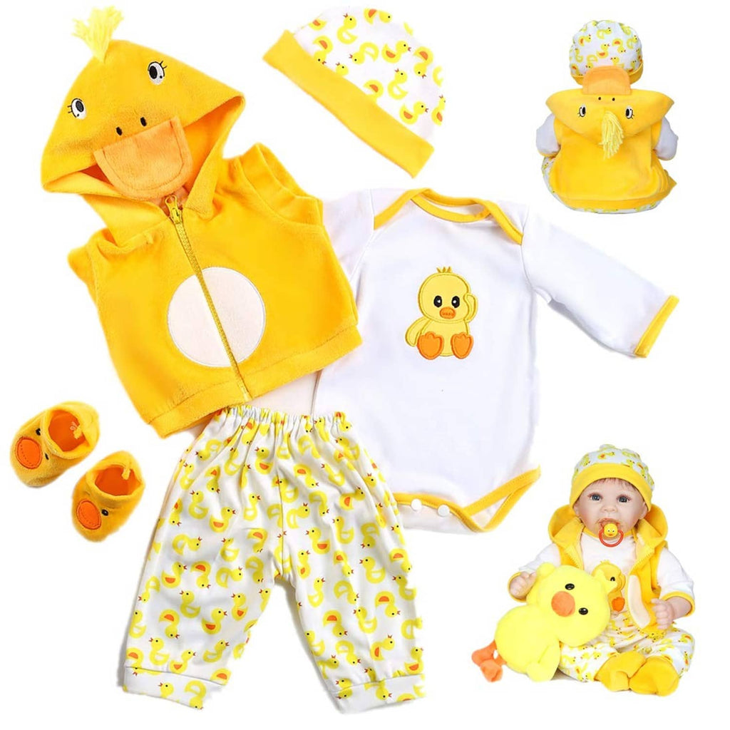 Yellow duck hooded doll outfit set with white bodysuit, patterned pants, and booties