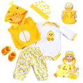 Yellow duck hooded doll outfit set with white bodysuit, patterned pants, and booties