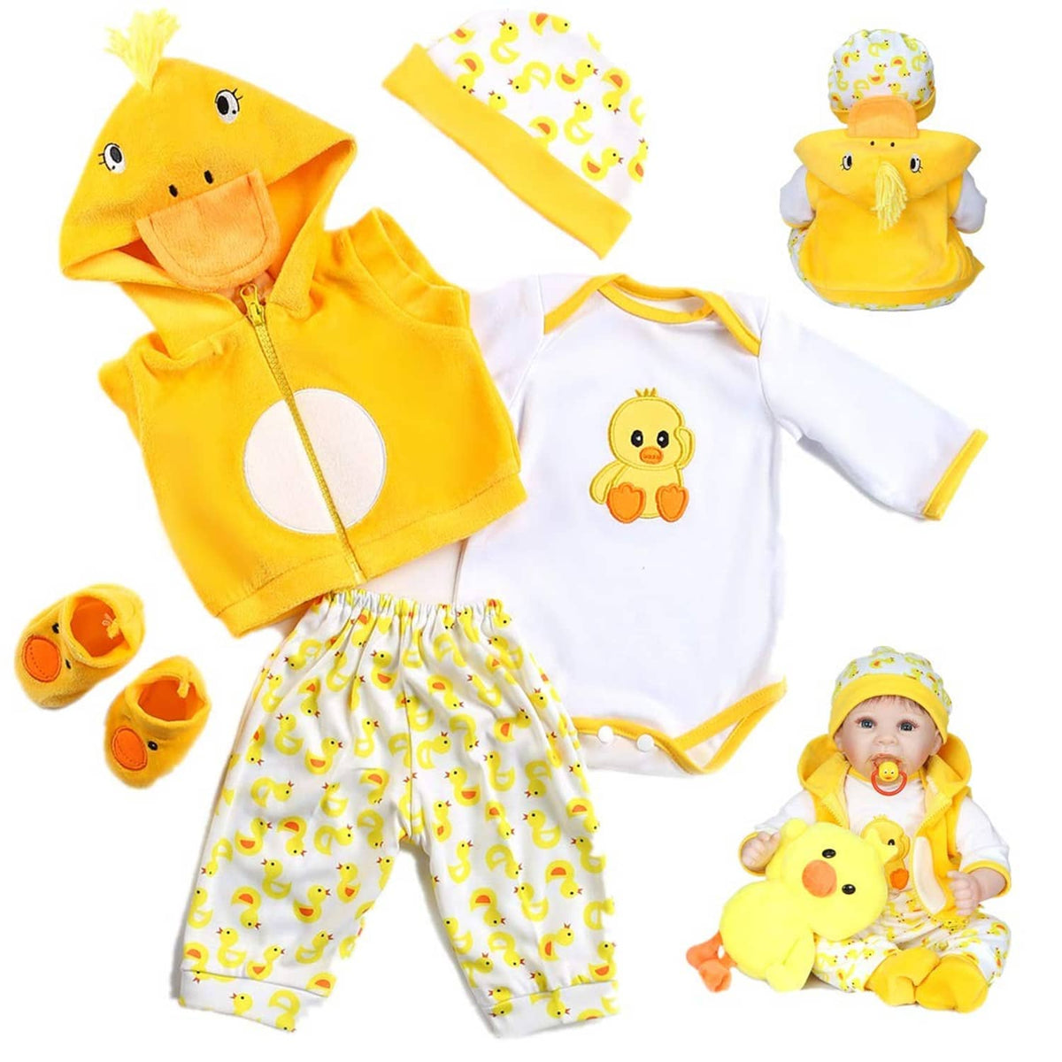 Yellow duck hooded doll outfit set with white bodysuit, patterned pants, and booties