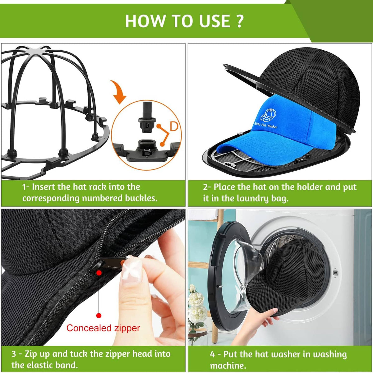 Black mesh hat washer cage with zipped cover and inserted cap holder