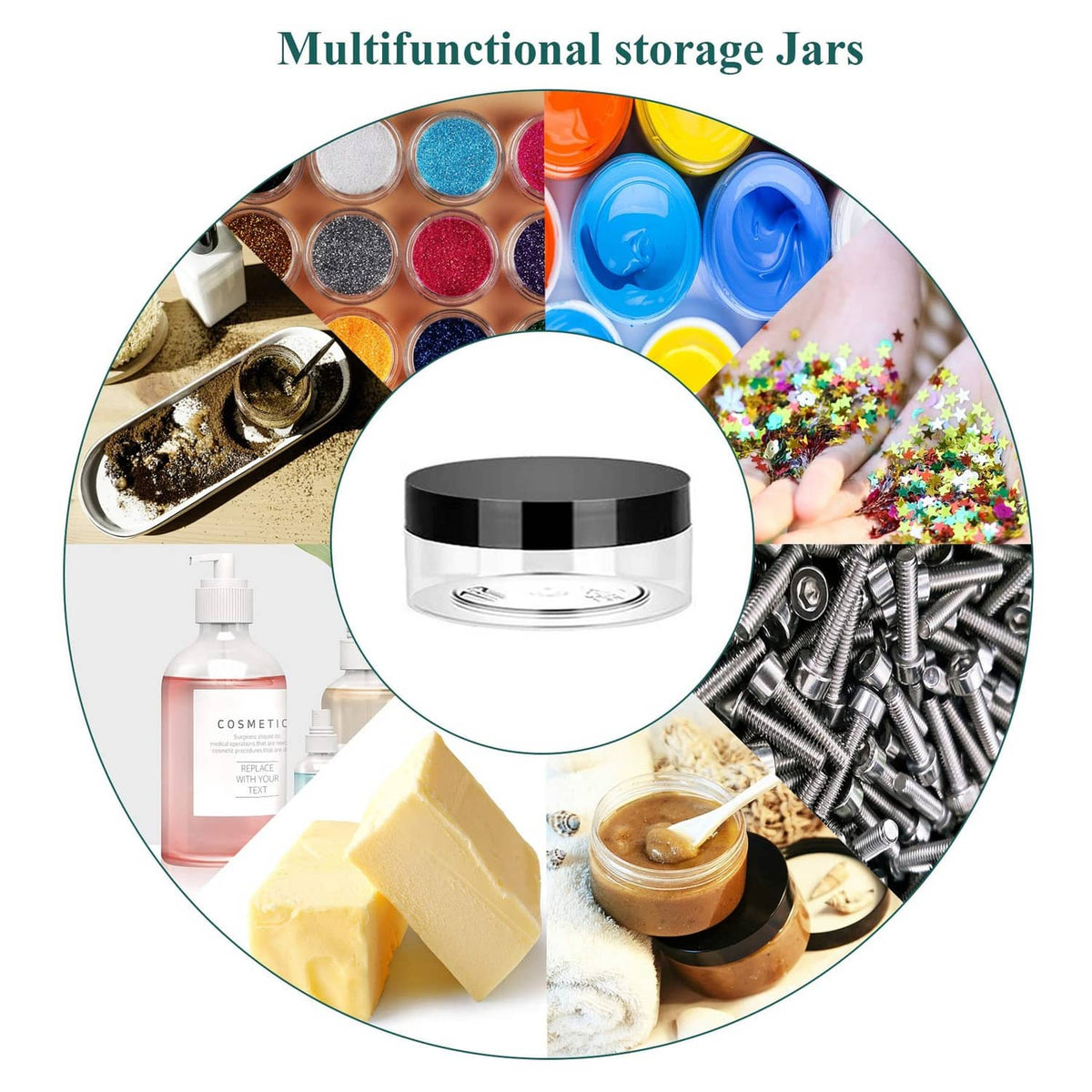 Small clear storage jar with black lid for cosmetics, glitter, and craft supplies