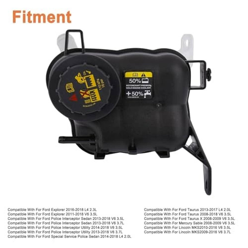 Coolant reservoir expansion tank unit with black housing and mounting hardware, clear outlet