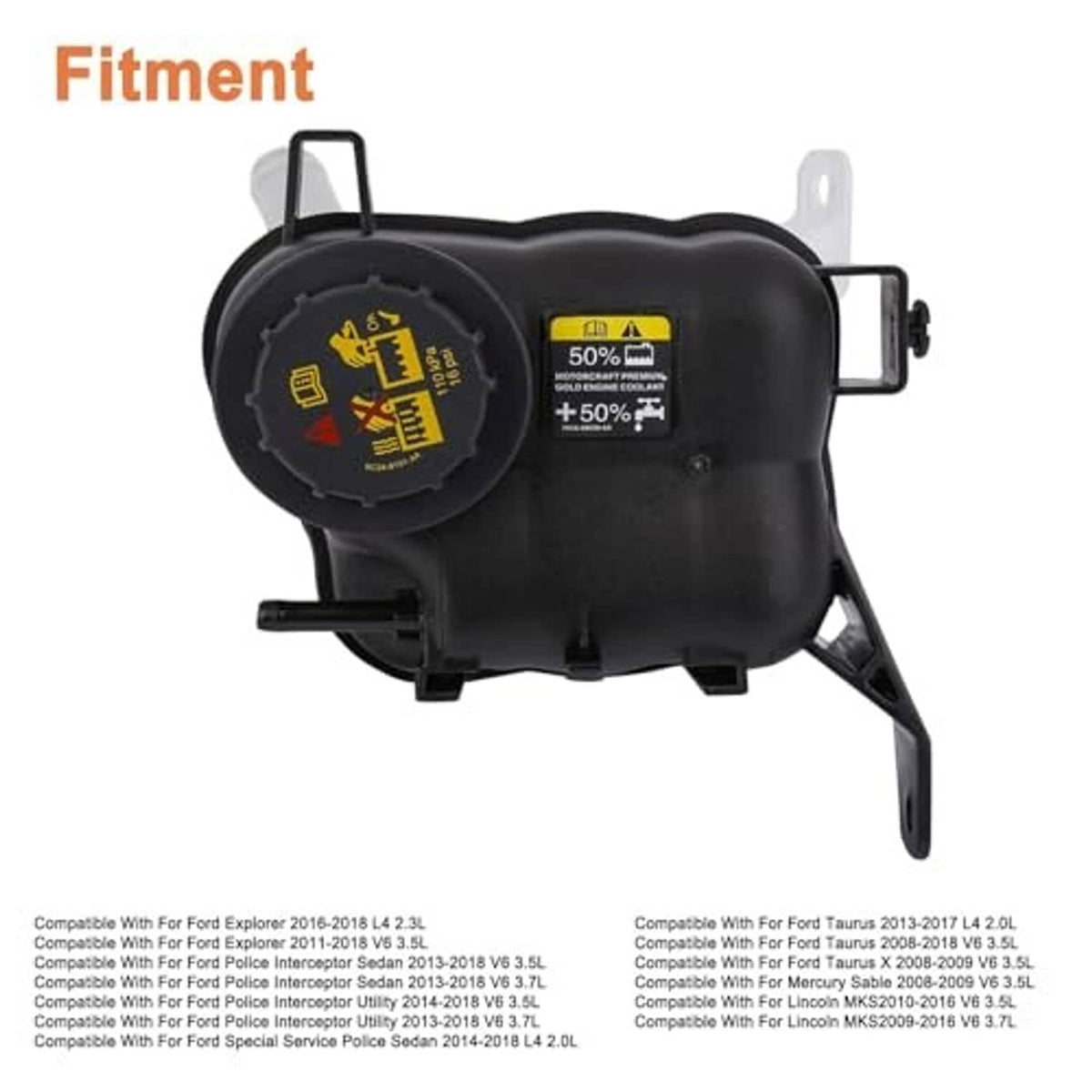 Coolant reservoir expansion tank unit with black housing and mounting hardware, clear outlet