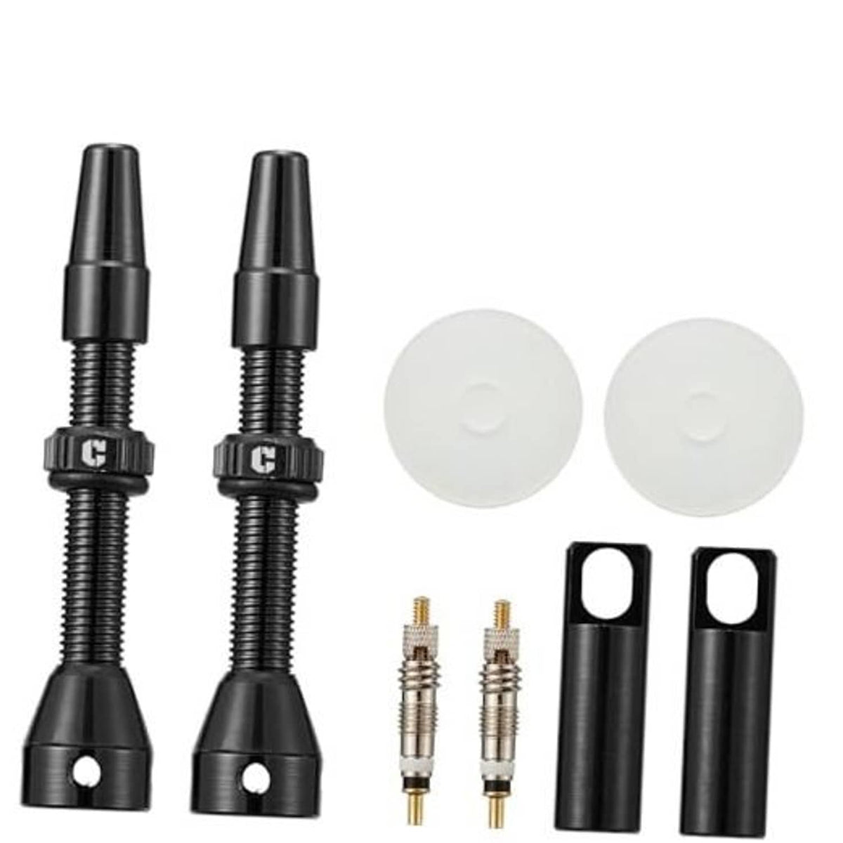Black Presta tubeless valve stems set with caps and cores, plus black protective sleeves