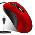 Red wired optical computer mouse with black sides and USB cable