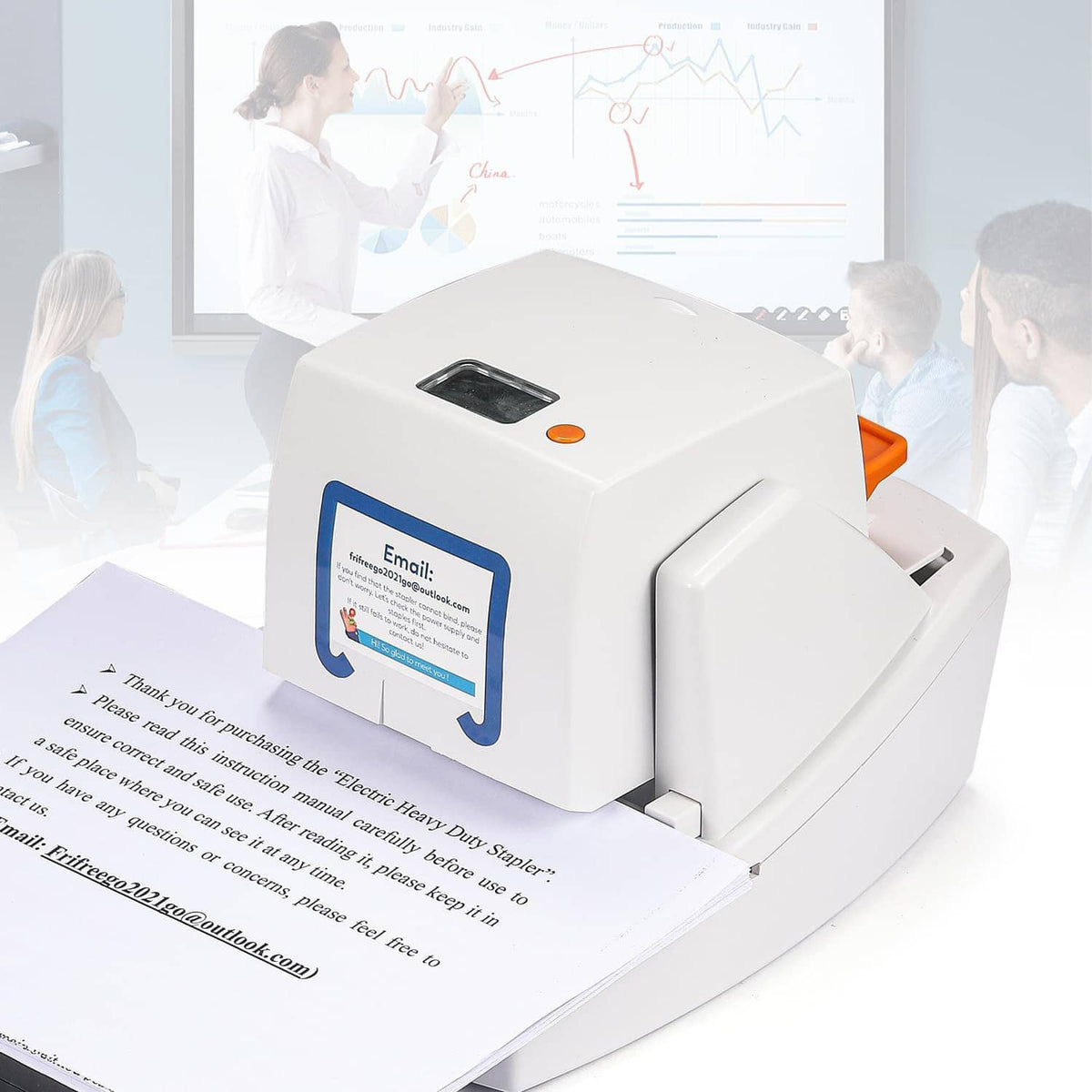 White electric stapler with front feed slot and paper stacked beneath
