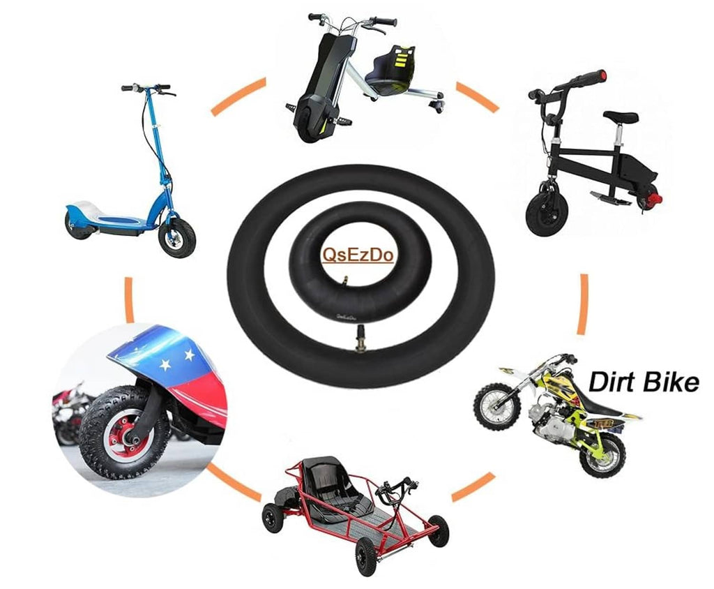 Black inner tube with TR87 bent valve, shown with scooter and bike accessories diagram.
