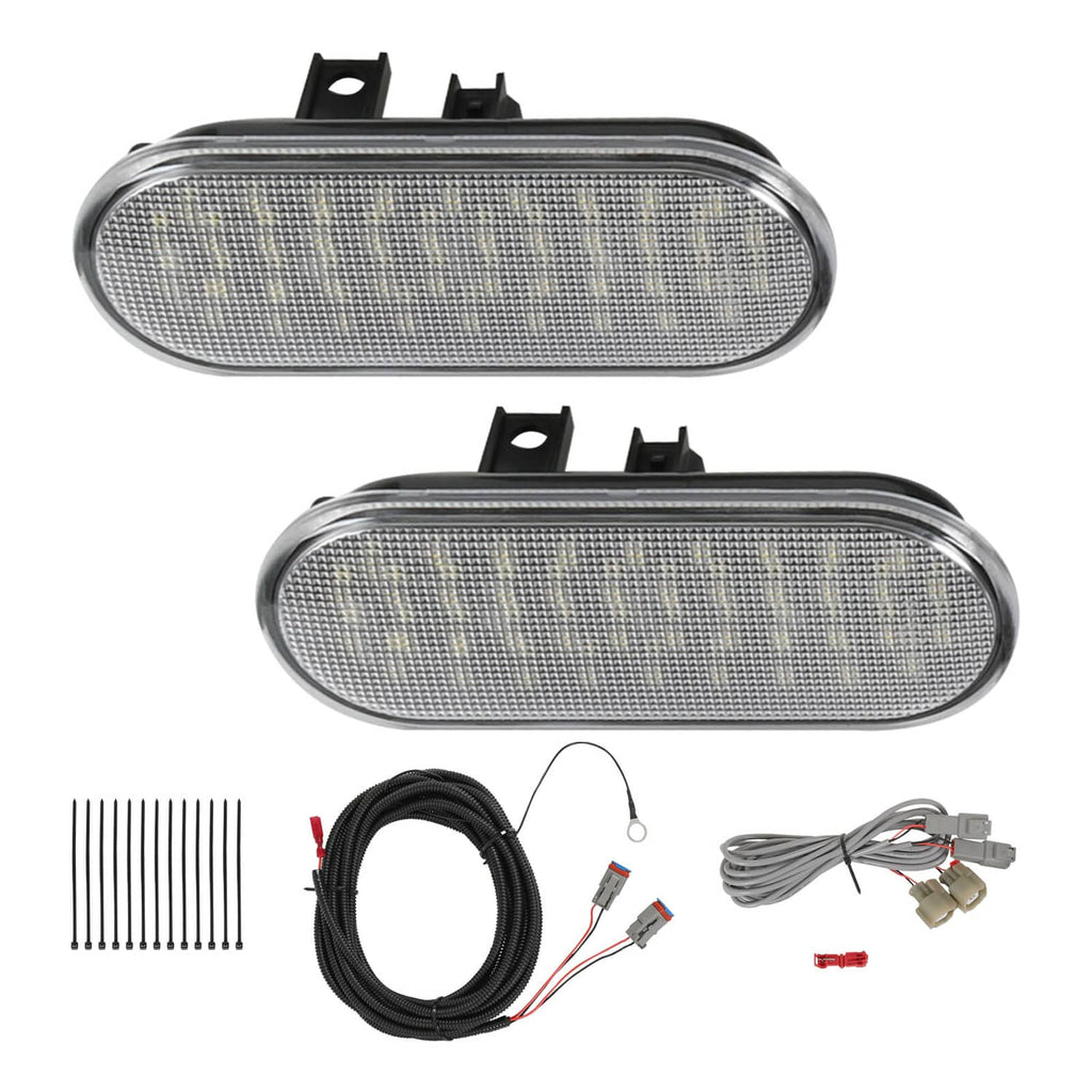 LED bed lighting kit components with two oval clear-lens light housings and wiring cables