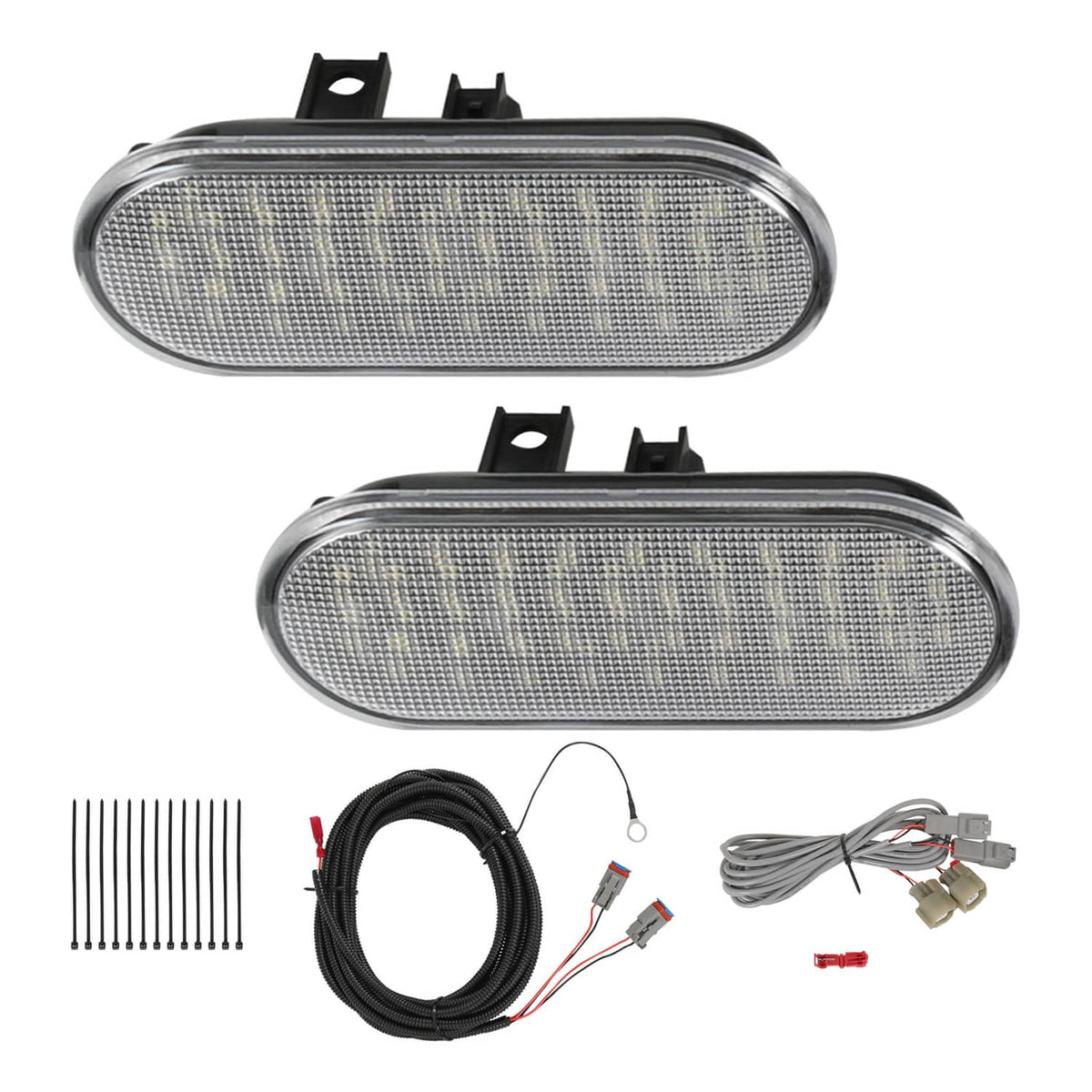 LED bed lighting kit components with two oval clear-lens light housings and wiring cables