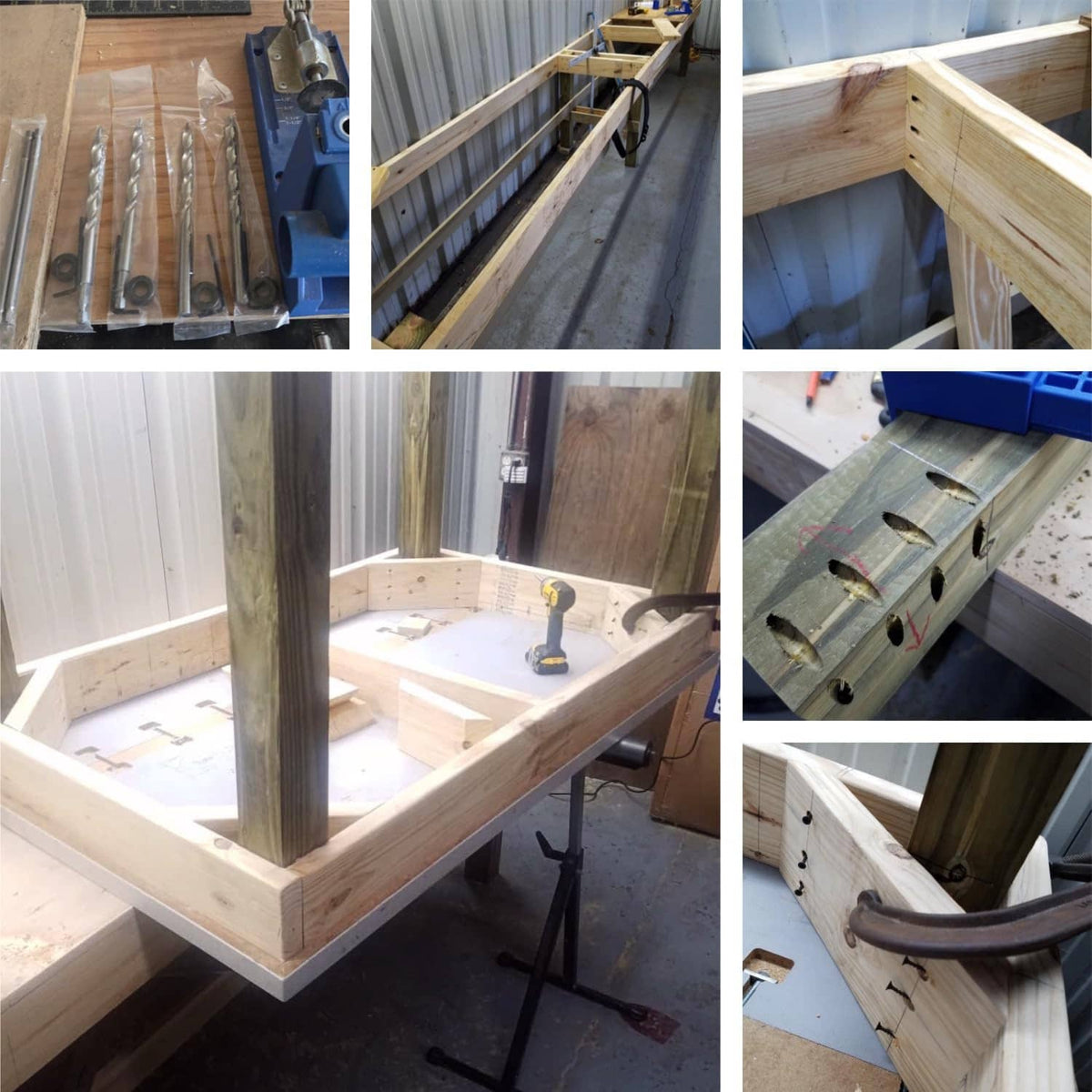 Woodworking drill setup with drill bits used to assemble a wooden frame