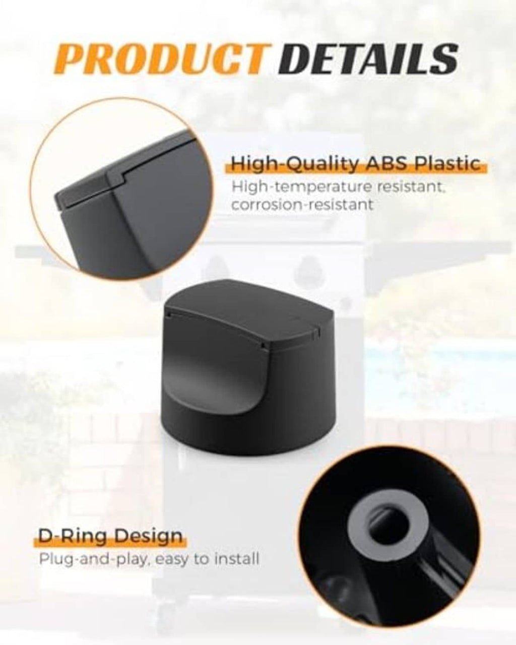 Matte black ABS grill control knob with center D-ring mounting hole