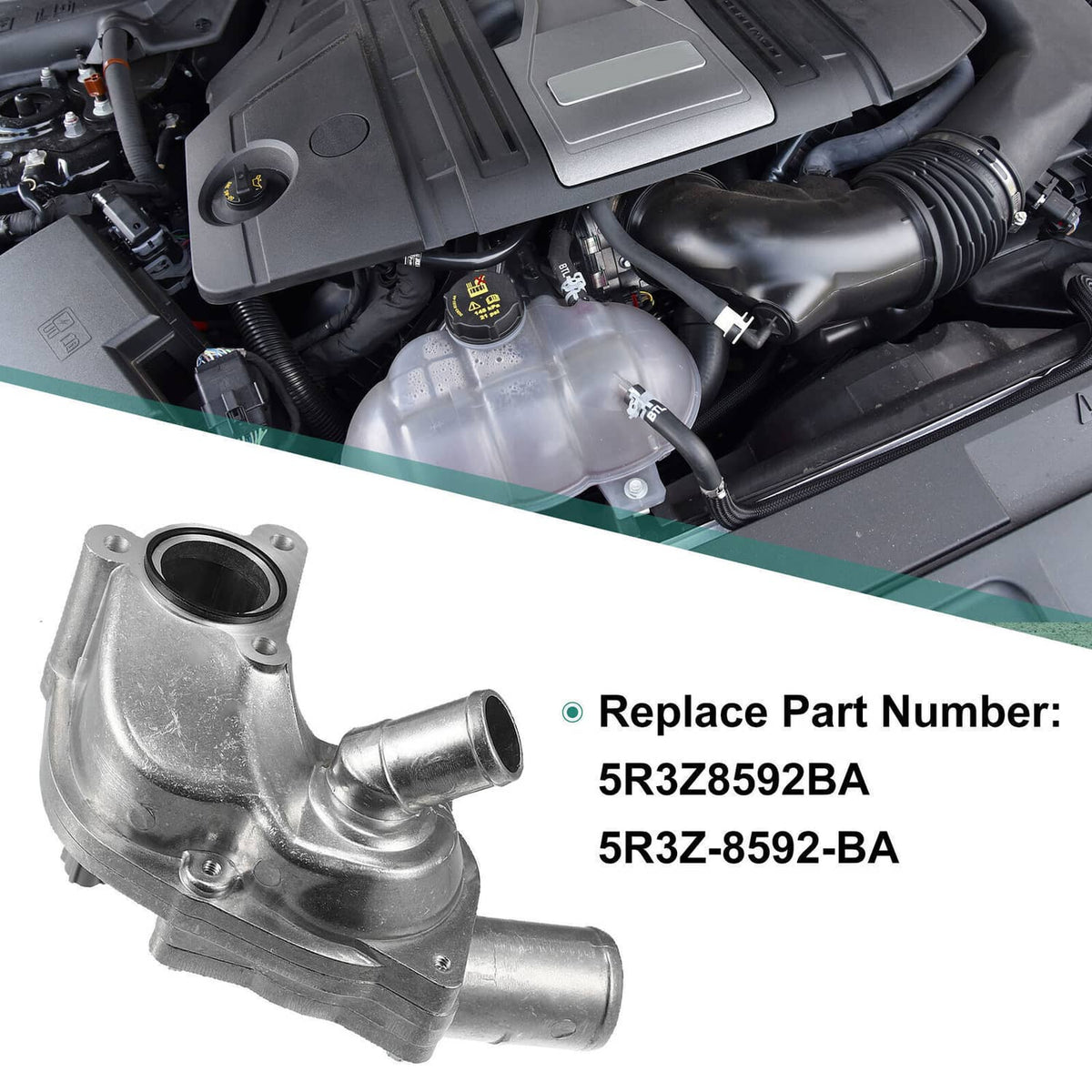 Aluminum thermostat housing installed in an engine bay with attached coolant lines