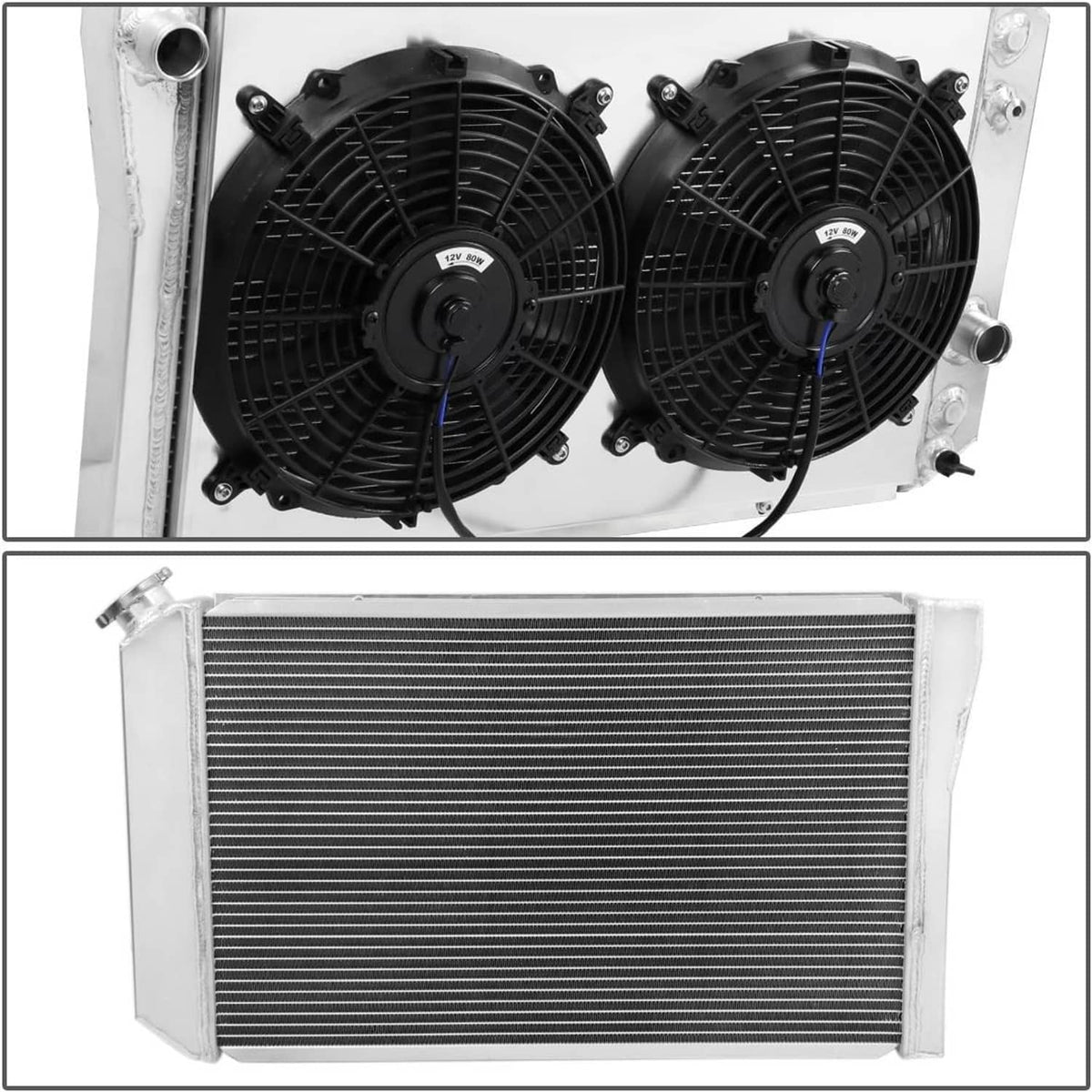 Aluminum radiator with twin black fans and rectangular cooling core