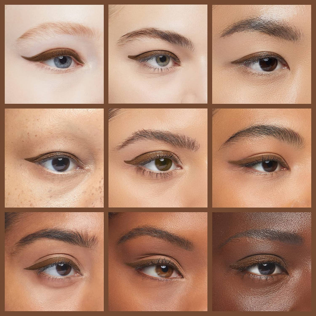 Multiple eye makeup looks with defined kohl eyeliner in warm brown tones