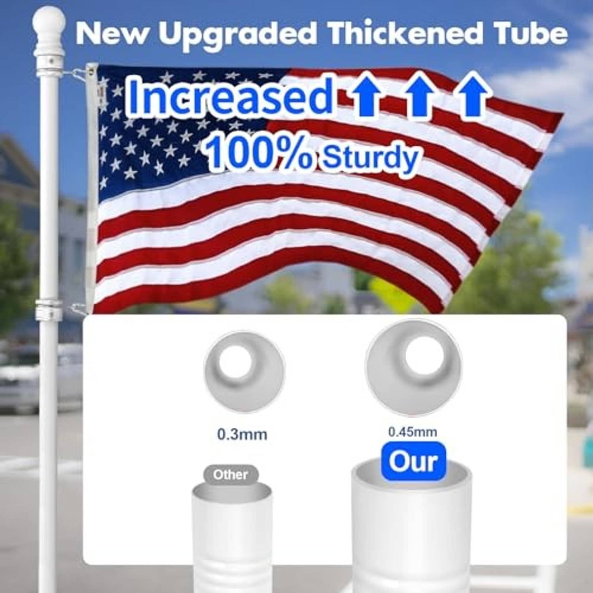 White 5 ft flag pole with ornament ball and rotating rings; stainless tube