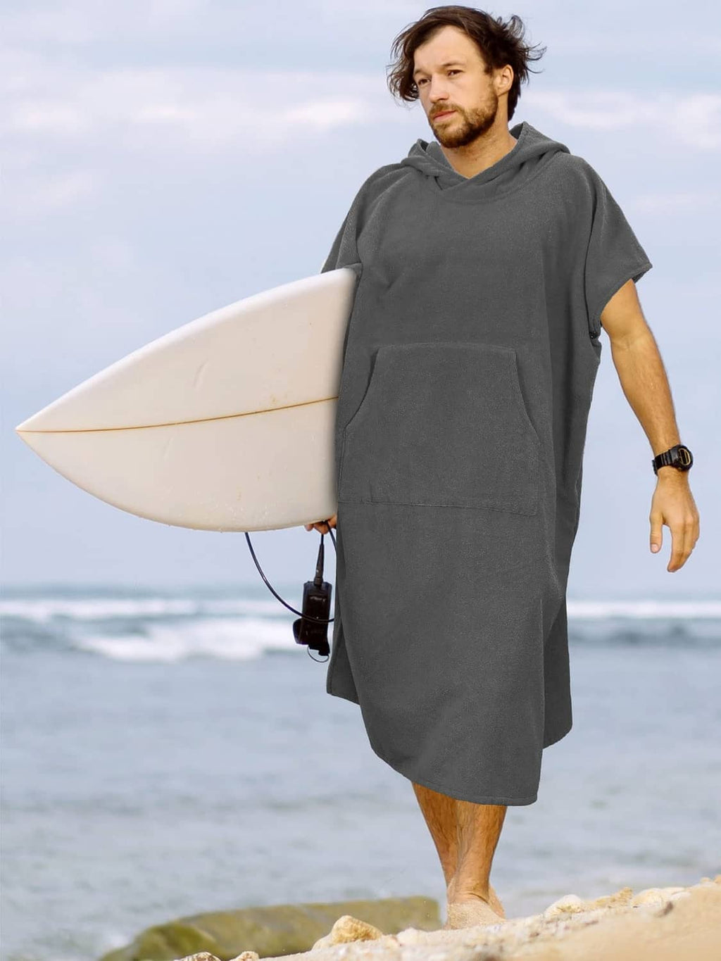 Grey hooded surf changing robe with short sleeves and front pocket