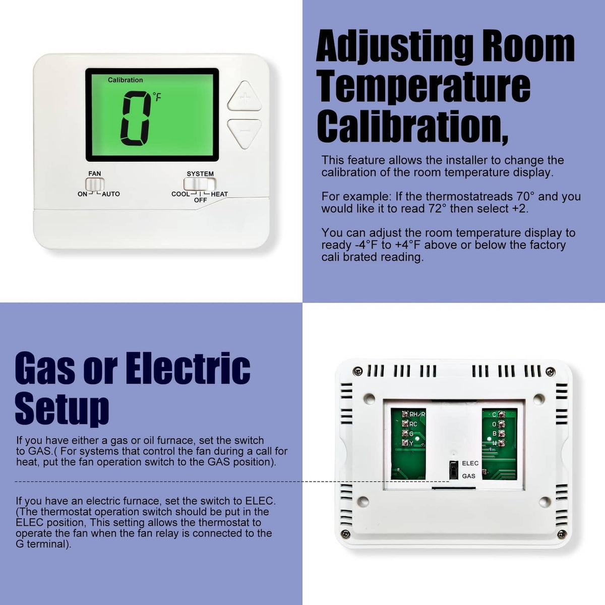 Non-programmable thermostat with green backlit LCD showing calibration value