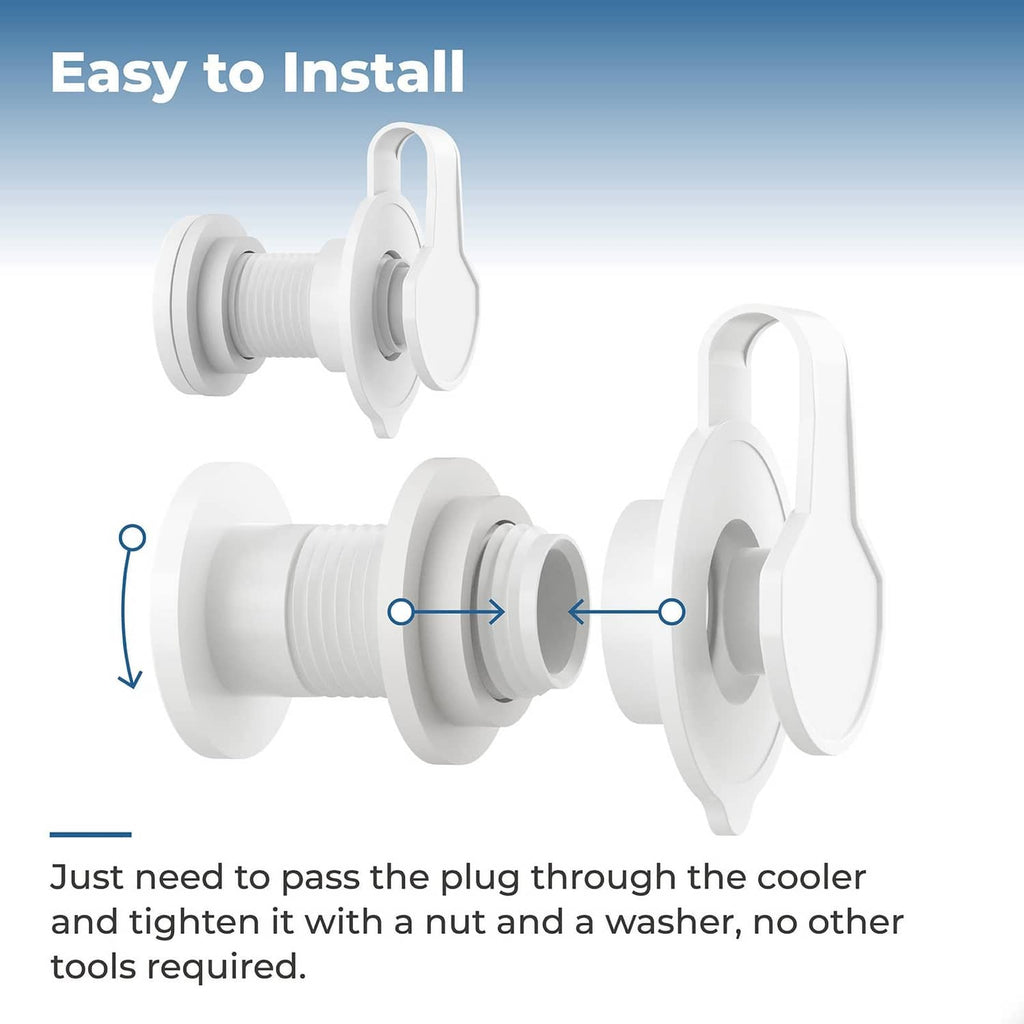 Cooler drain plug assembly with nut and washer, white plastic threaded replacement
